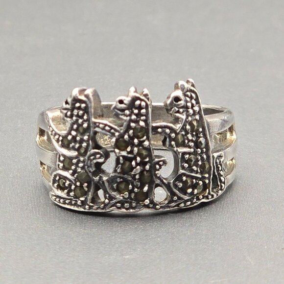 VTG Sterling Silver HAN Marcasite Cat Trio Ring Size 8 Whimsical Feline Design - Picture 1 of 11